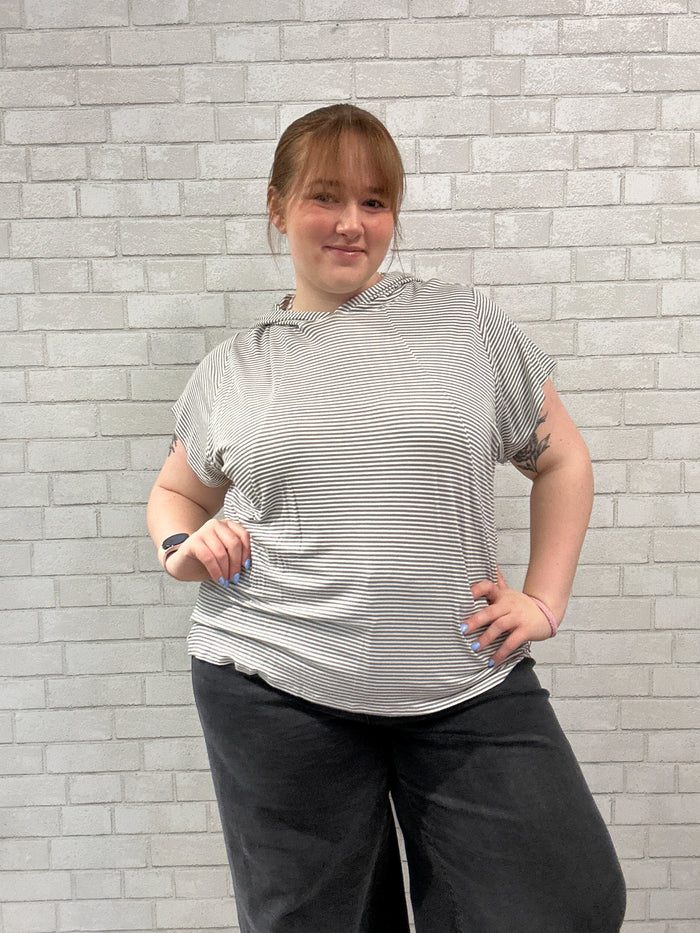 Grey/White Striped Short Sleeve Hoodie - Livi Active