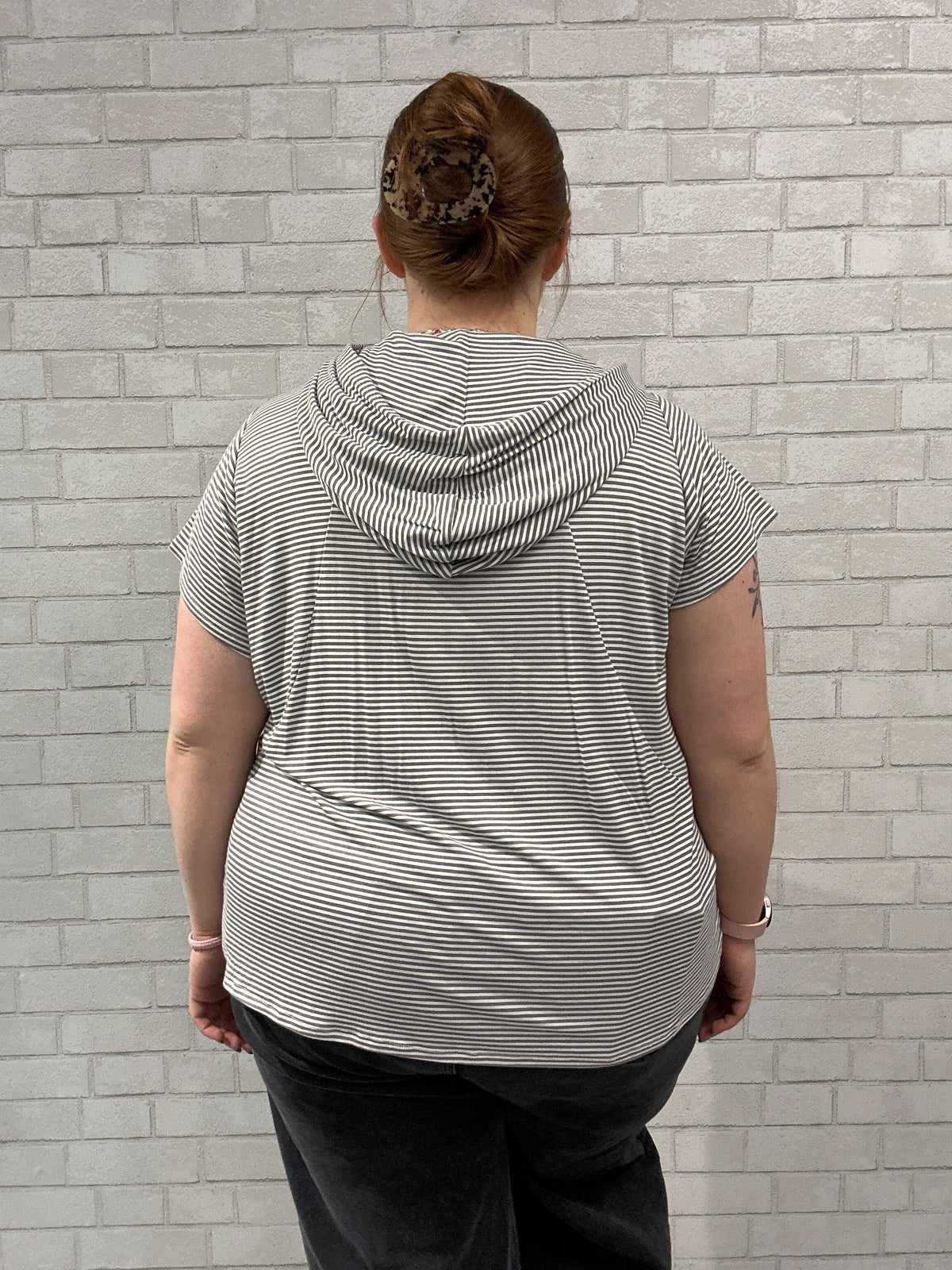 Grey/White Striped Short Sleeve Hoodie - Livi Active