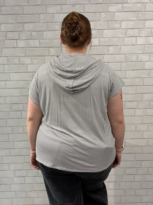 Grey/White Striped Short Sleeve Hoodie - Livi Active