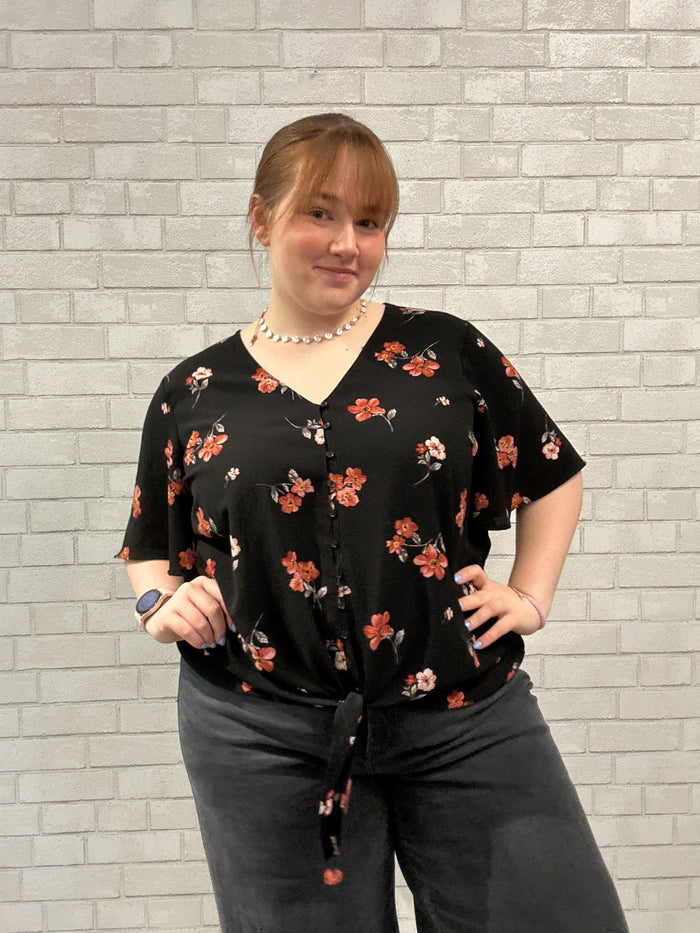 Black Floral Tie Hem Blouse - Lush