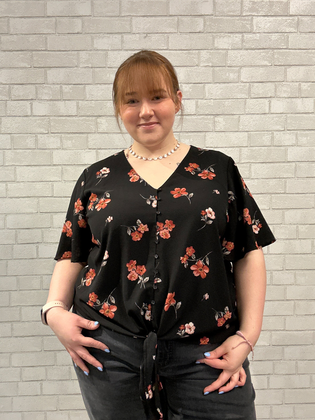 Black Floral Tie Hem Blouse - Lush