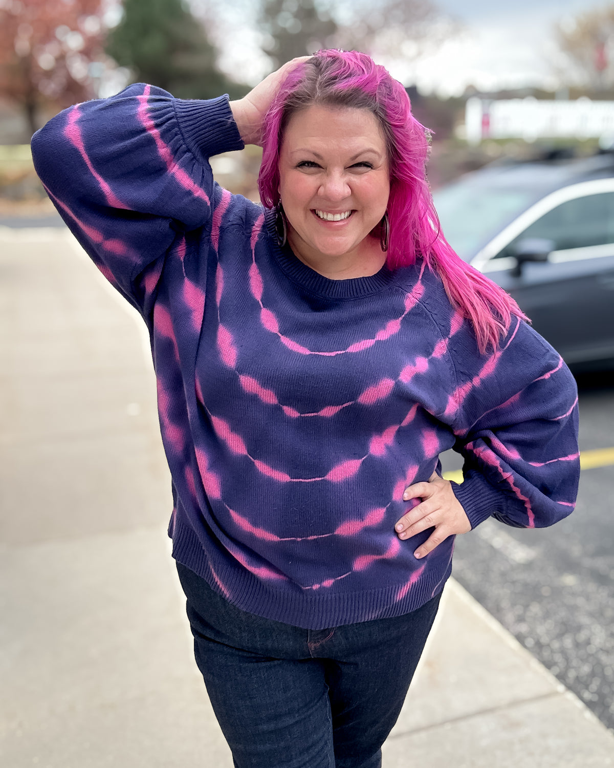 Tie Dye Pullover Sweater | Navy & Fuchsia