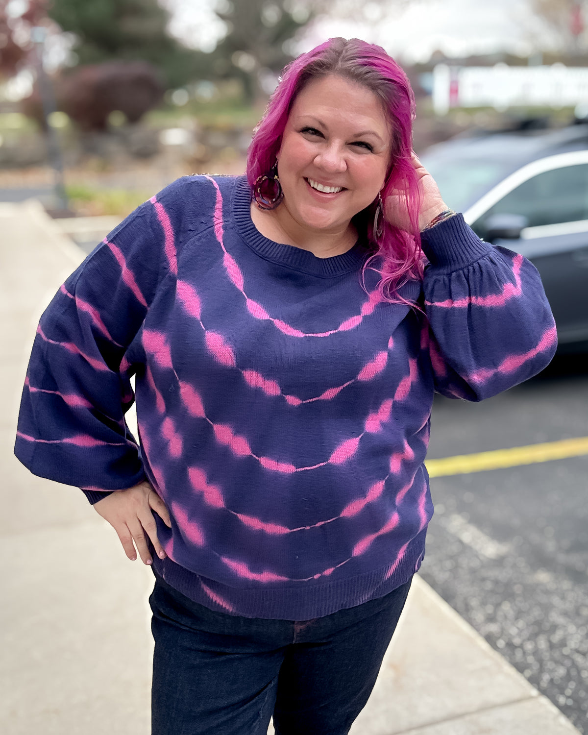 Tie Dye Pullover Sweater | Navy & Fuchsia