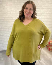 V-Neck Bushed Waffle Tunic | Olive Mustard