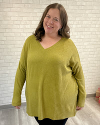 V-Neck Bushed Waffle Tunic | Olive Mustard