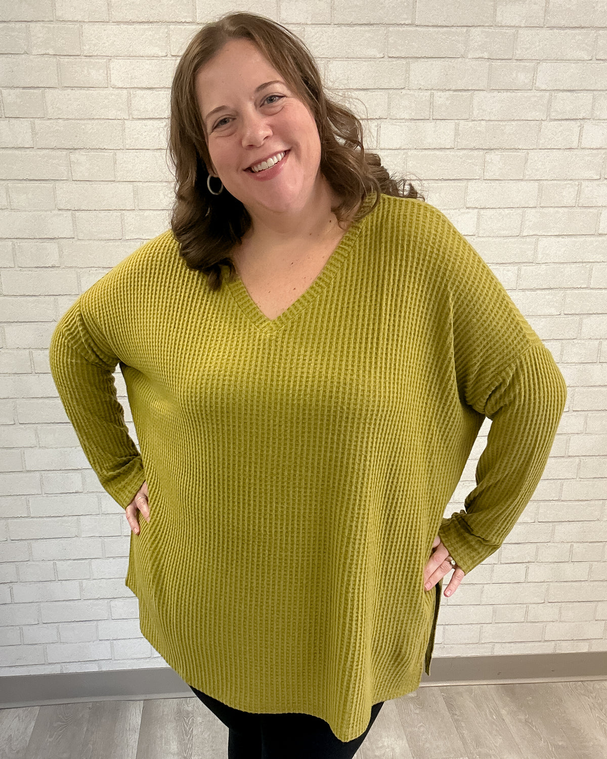 V-Neck Bushed Waffle Tunic | Olive Mustard