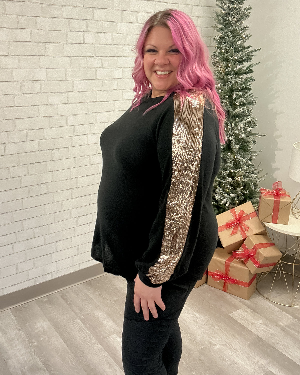 Sequin Sleeve Brushed Top | Black