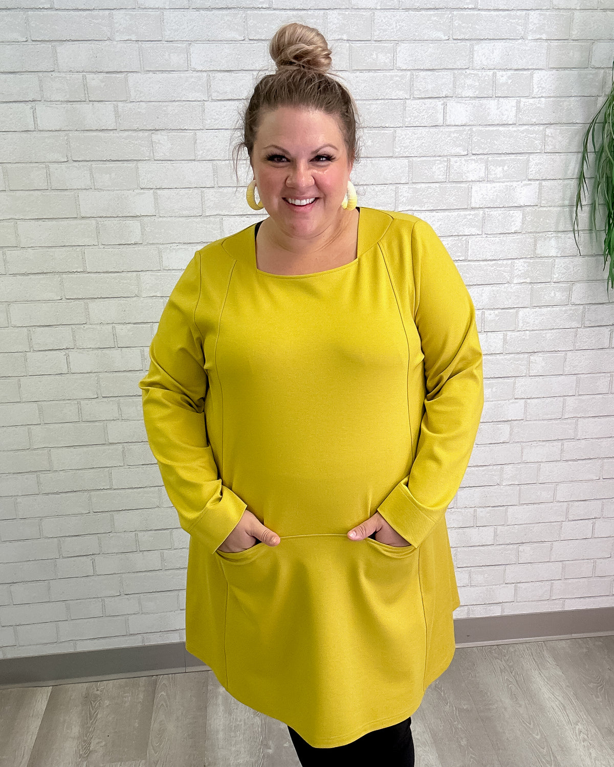 Square Neck Ponte Pocket Tunic in Chartreuse