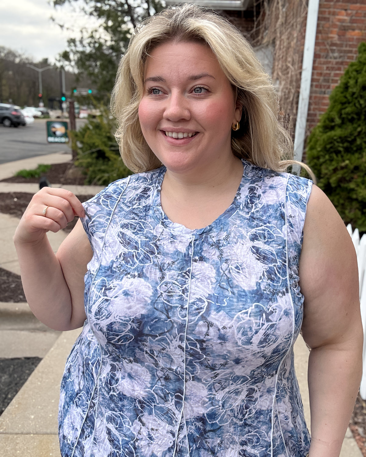 Crinkle Tank Seam Dress | Blue Floral