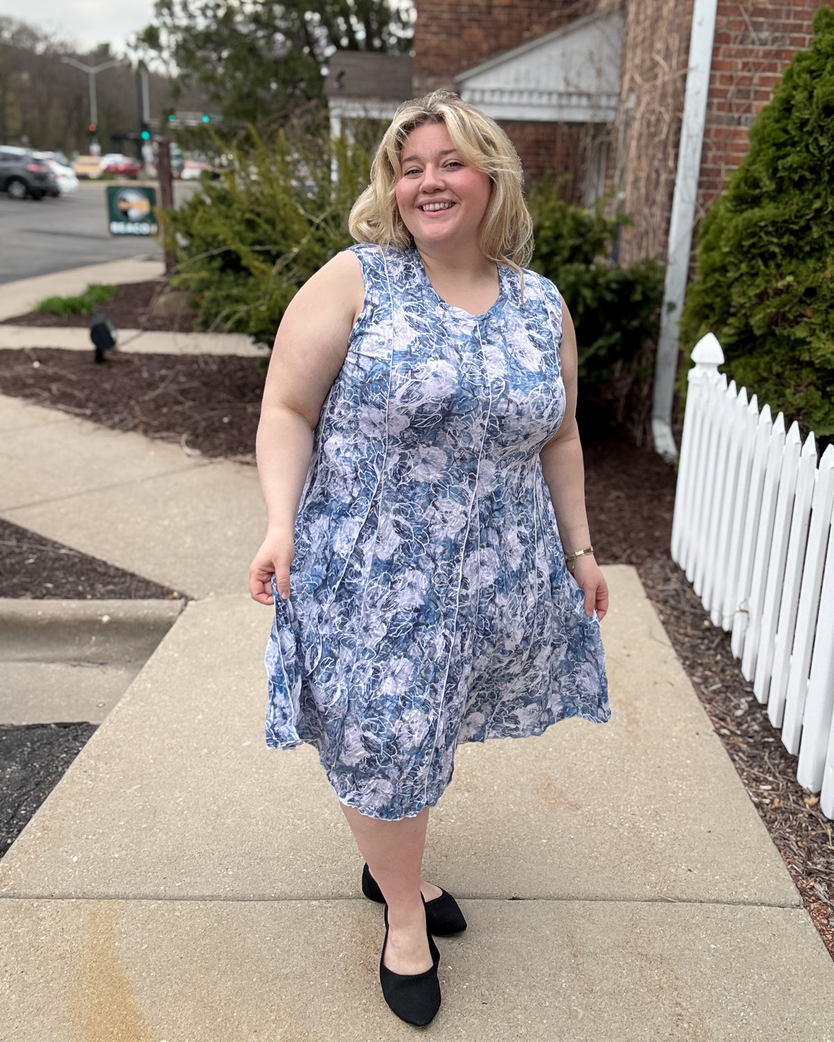 Crinkle Tank Seam Dress | Blue Floral