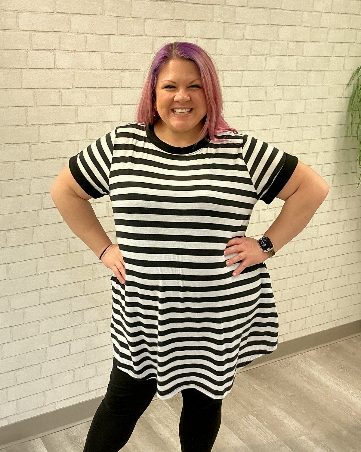 Striped Short Sleeve Back Button Dress | Black & White