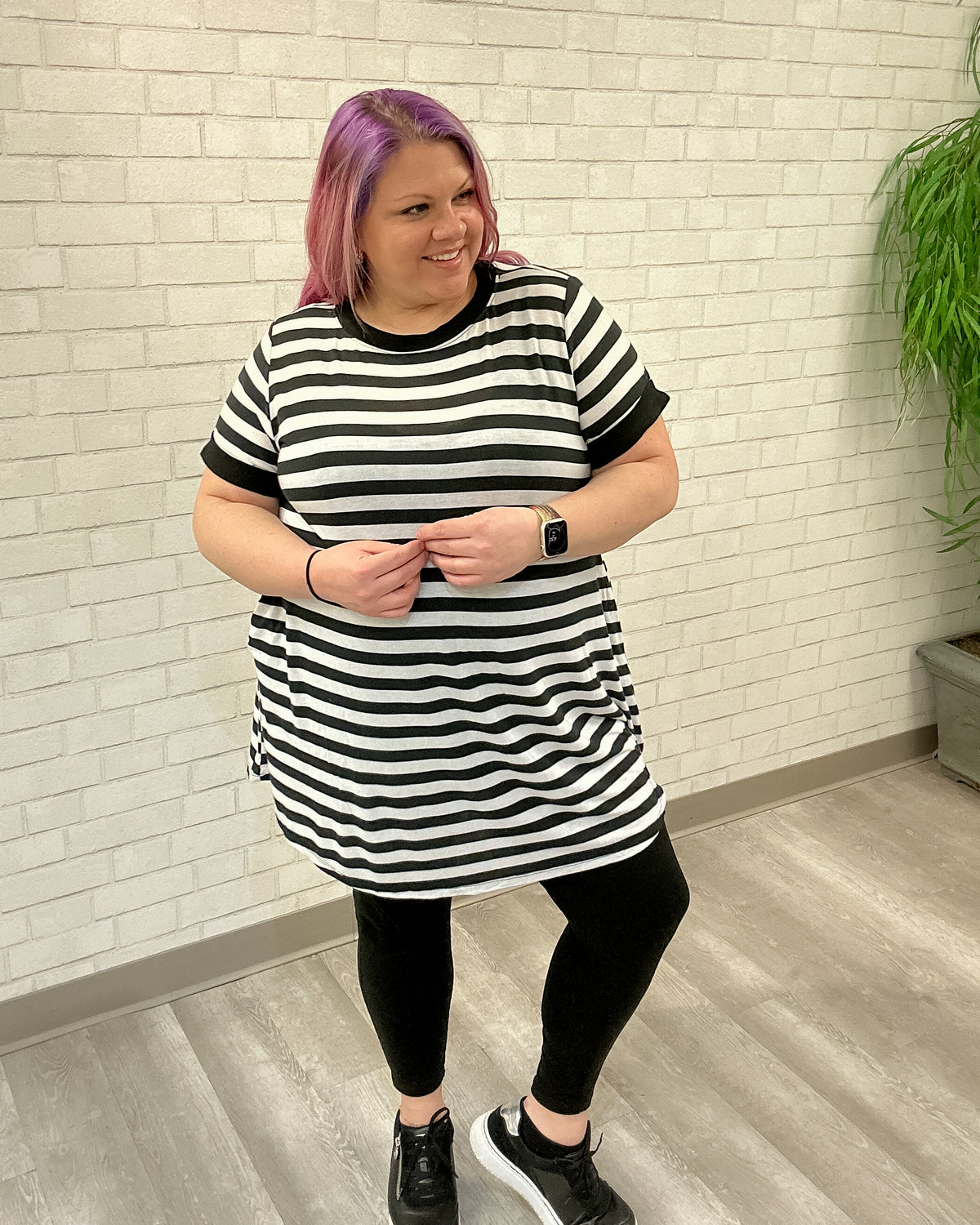 Striped Short Sleeve Back Button Dress | Black & White