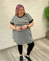 Striped Short Sleeve Back Button Dress | Black & White