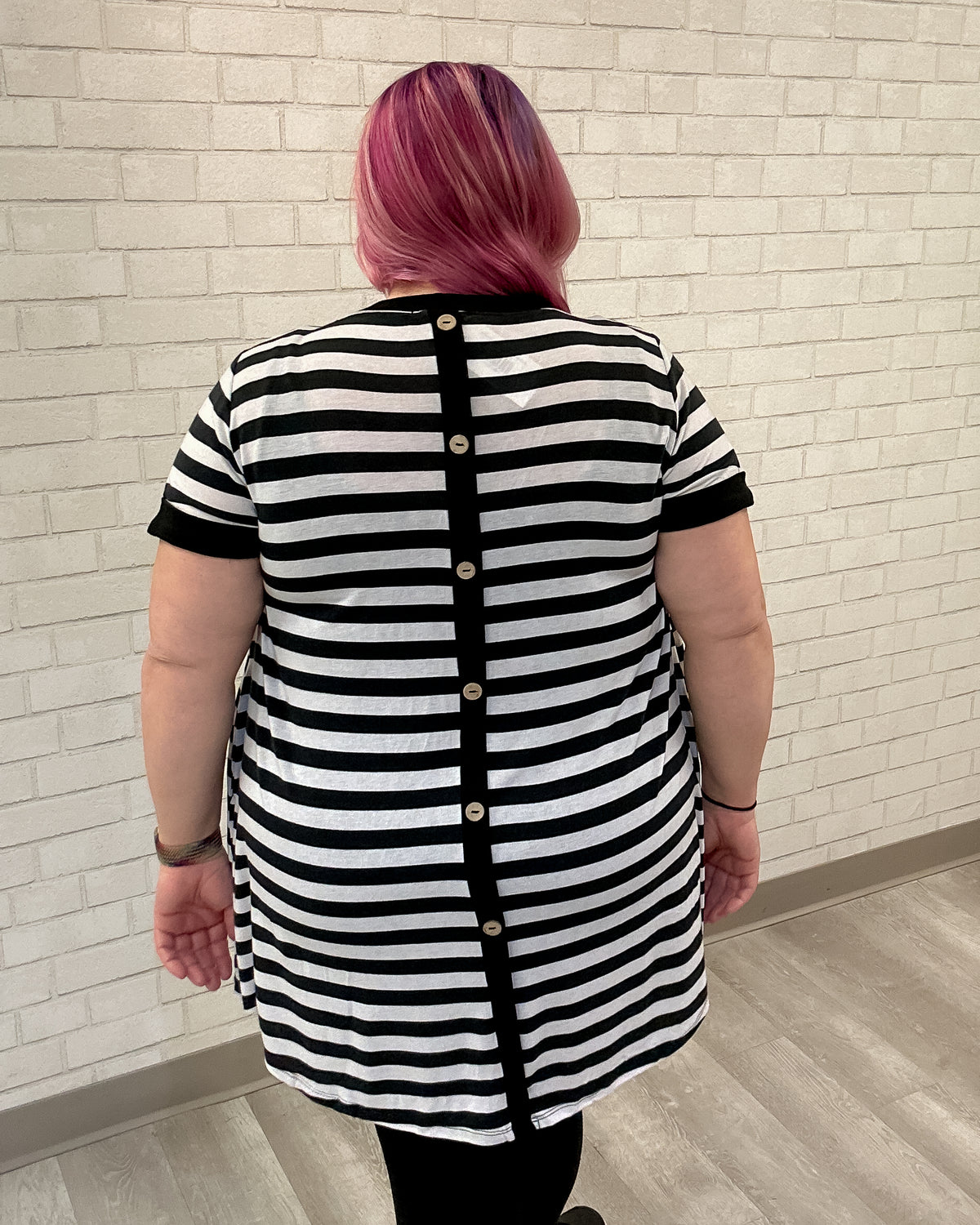 Striped Short Sleeve Back Button Dress | Black & White