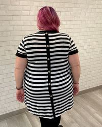 Striped Short Sleeve Back Button Dress | Black & White