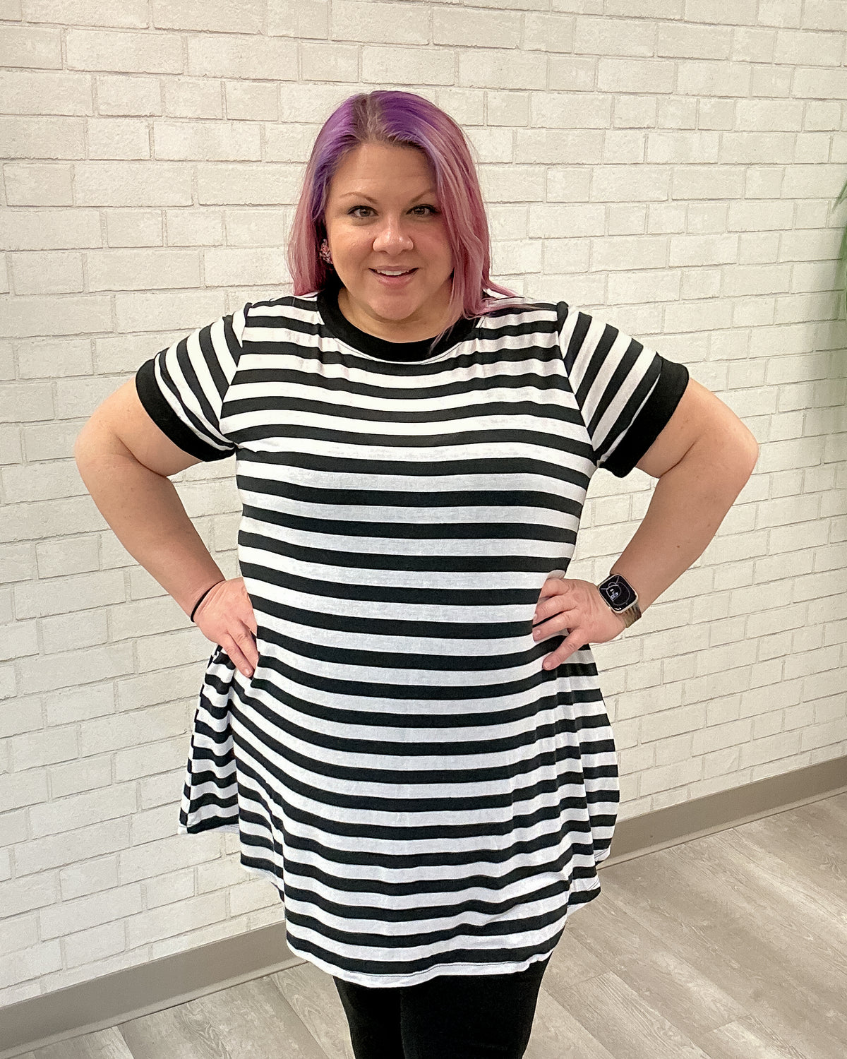 Striped Short Sleeve Back Button Dress | Black & White