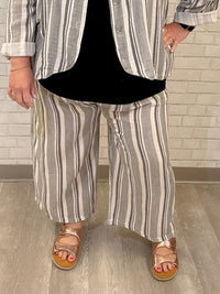 Cotton Striped Crop Pant | White