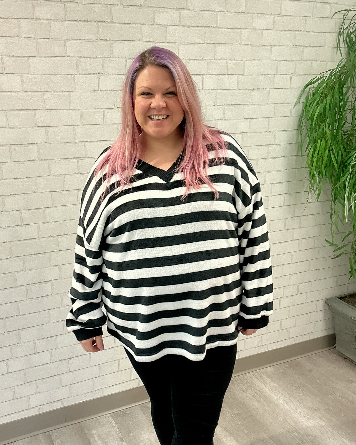 Striped Faux Fur Pullover | Black & White