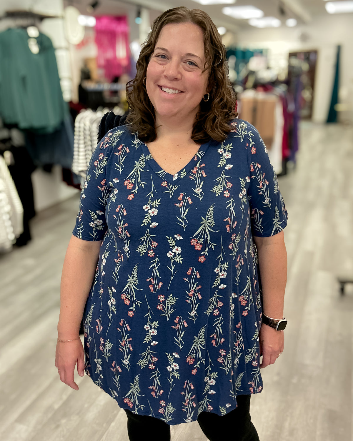 Navy Floral V-Neck Tunic