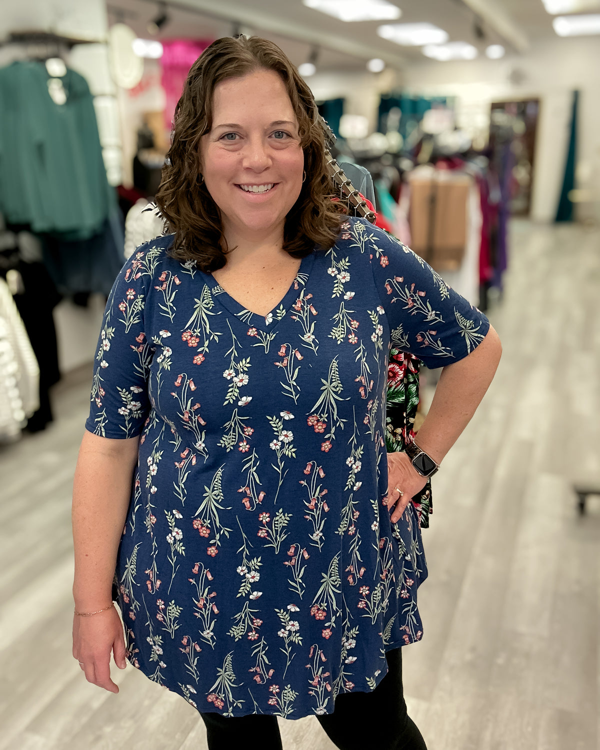 Navy Floral V-Neck Tunic