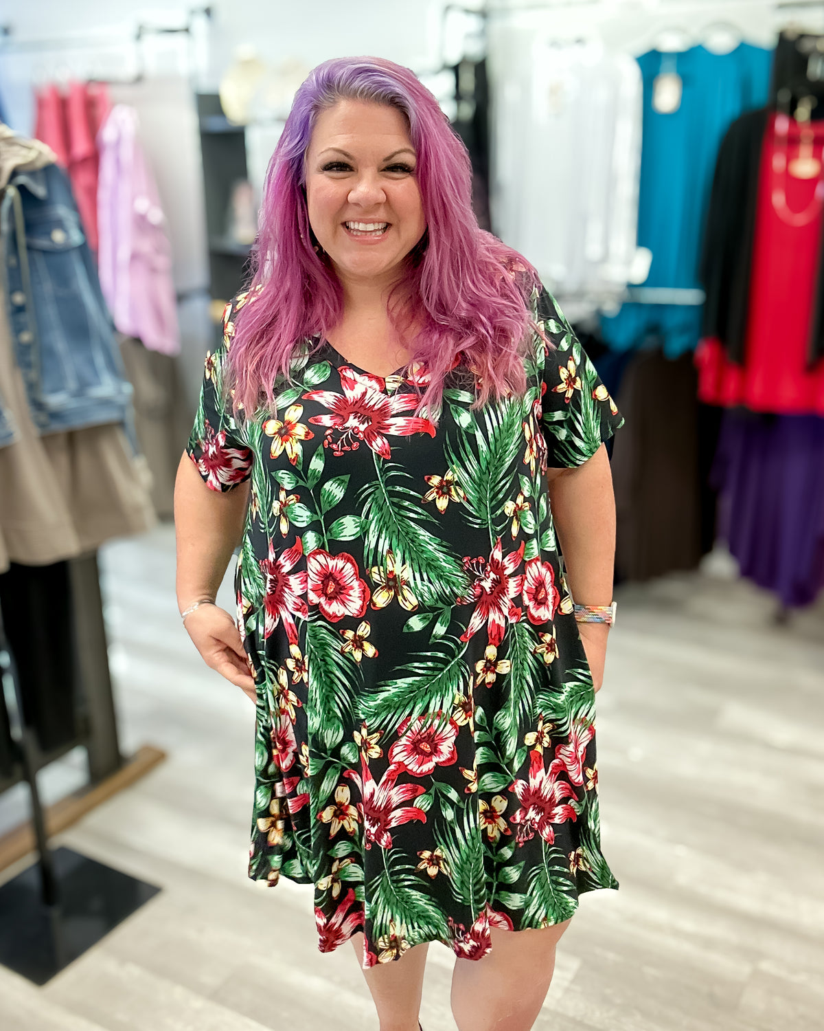 Tropical V-Neck Dress with Pockets