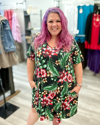 Tropical V-Neck Dress with Pockets