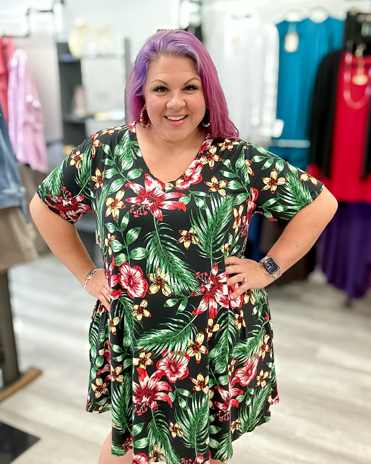 Tropical V-Neck Dress with Pockets