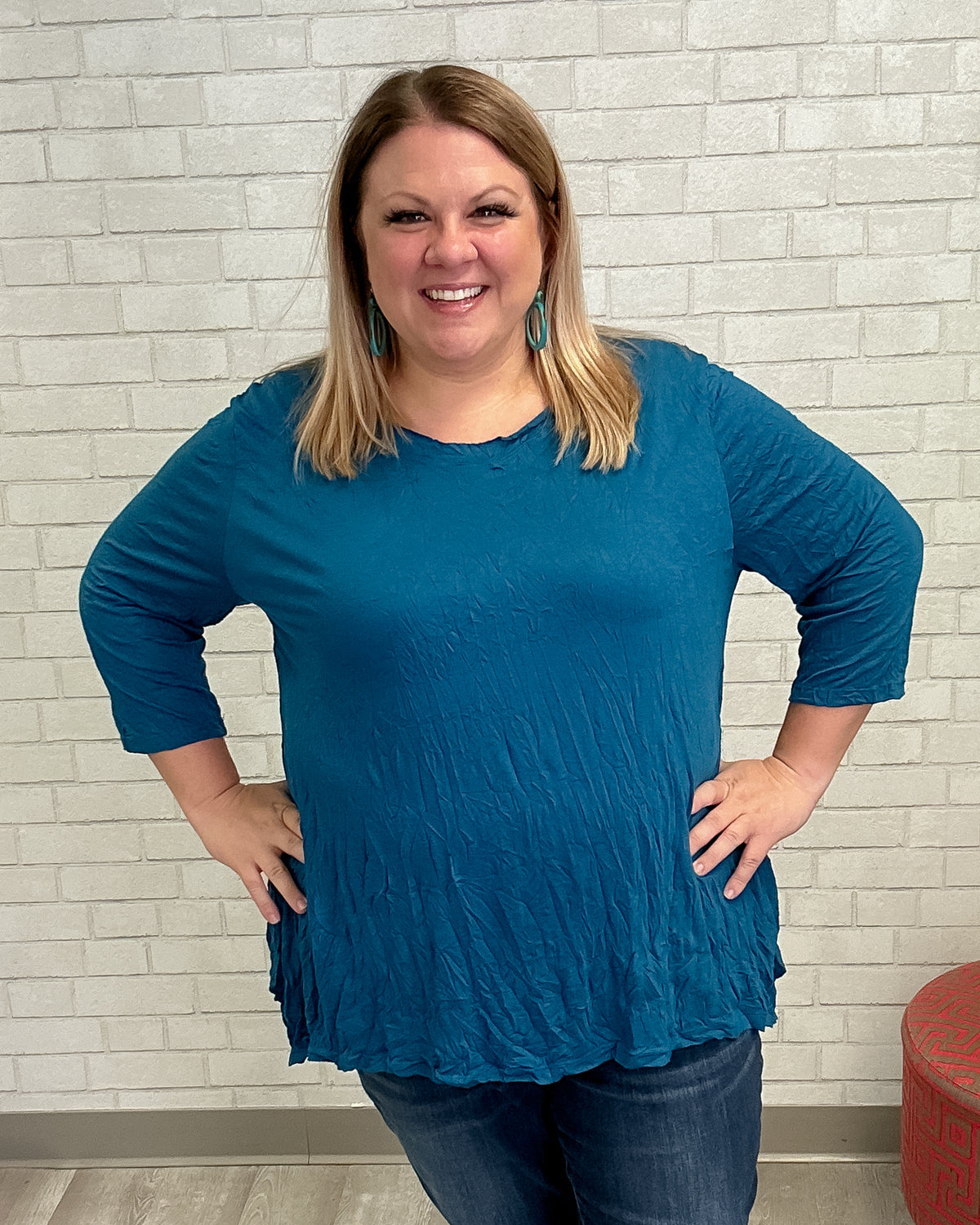 Indigo Scoop Neck Crinkle Top