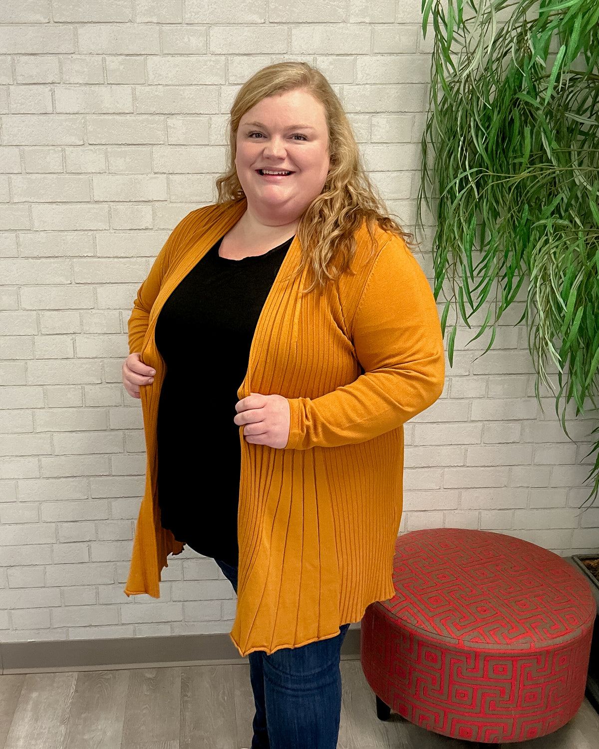 Long Accordion Ribbed Cardigan in Gold