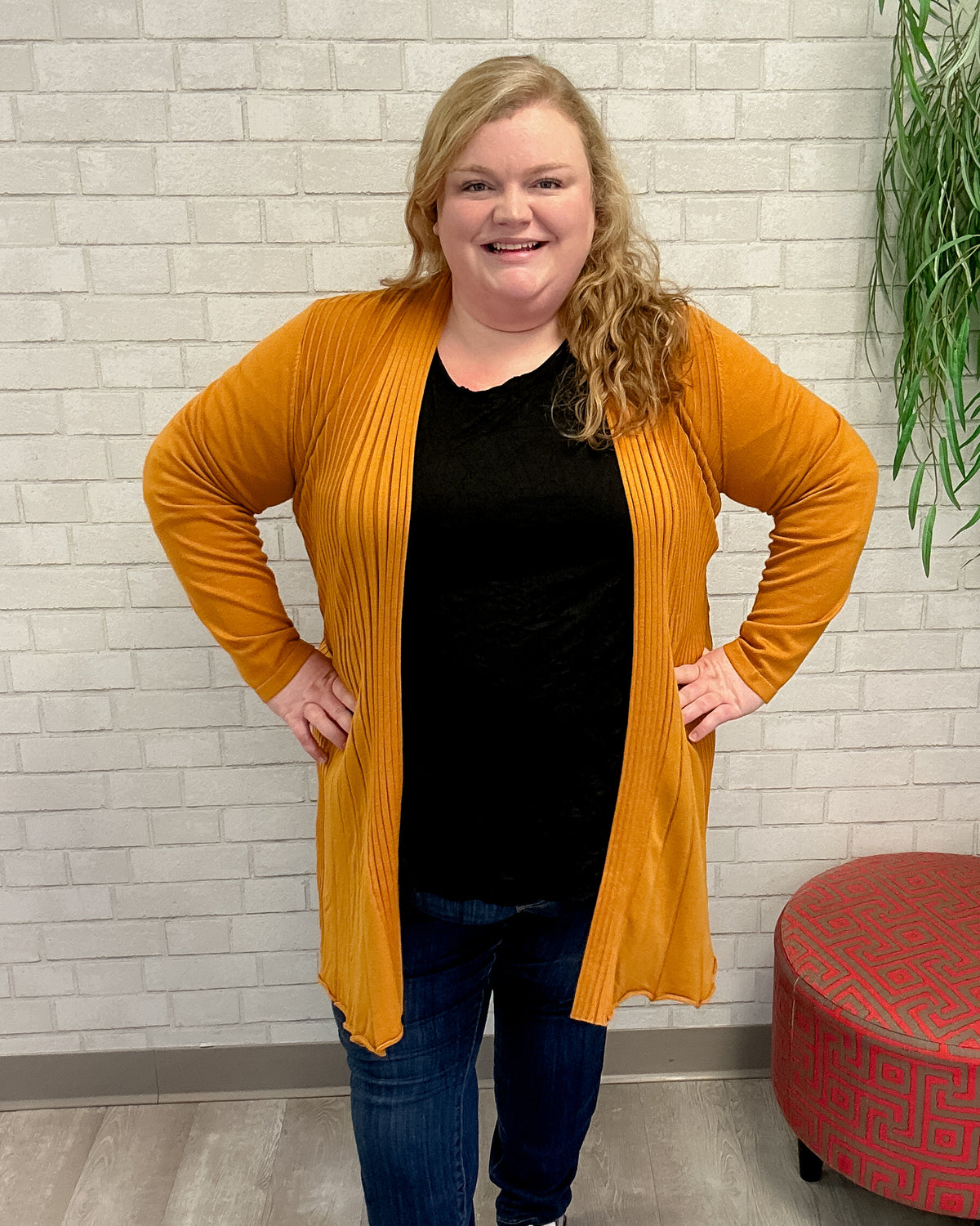 Long Accordion Ribbed Cardigan in Gold