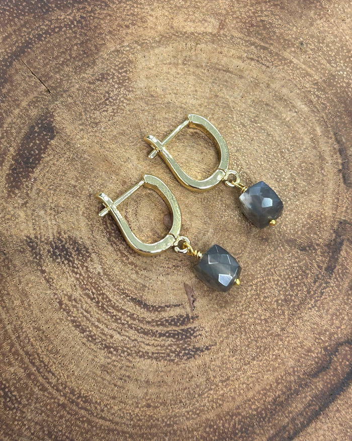 Grey Moonstone Cube Huggie Earrings