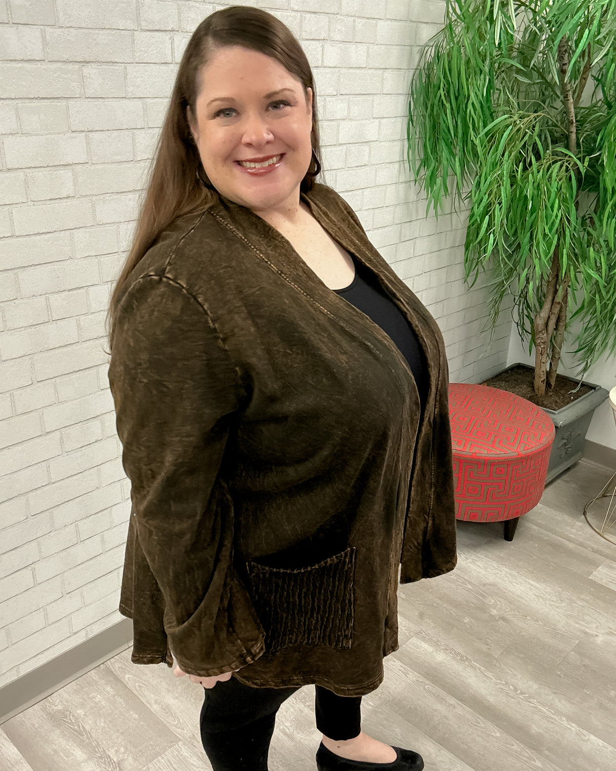 Cotton Fleece Kimono Jacket with Patch Pockets | Chocolate