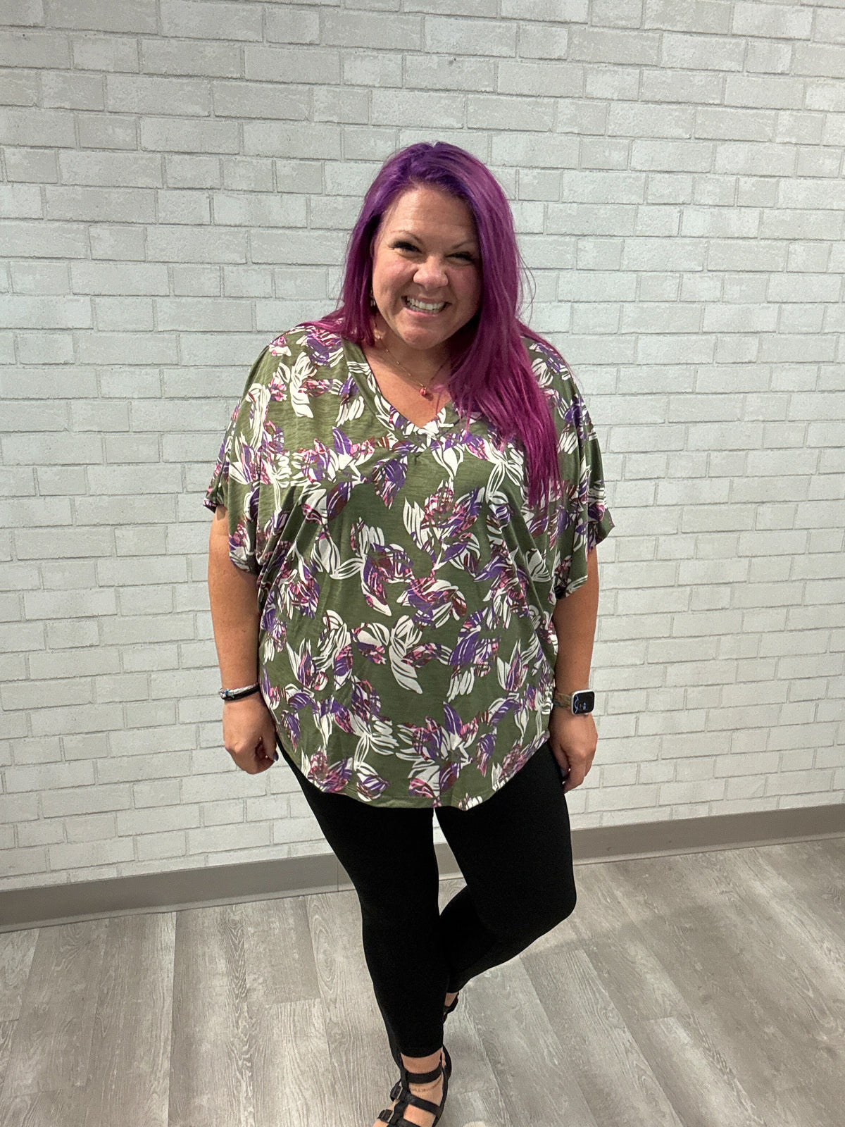 Short Sleeve Dolman Top | Olive Floral