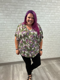 Short Sleeve Dolman Top | Olive Floral