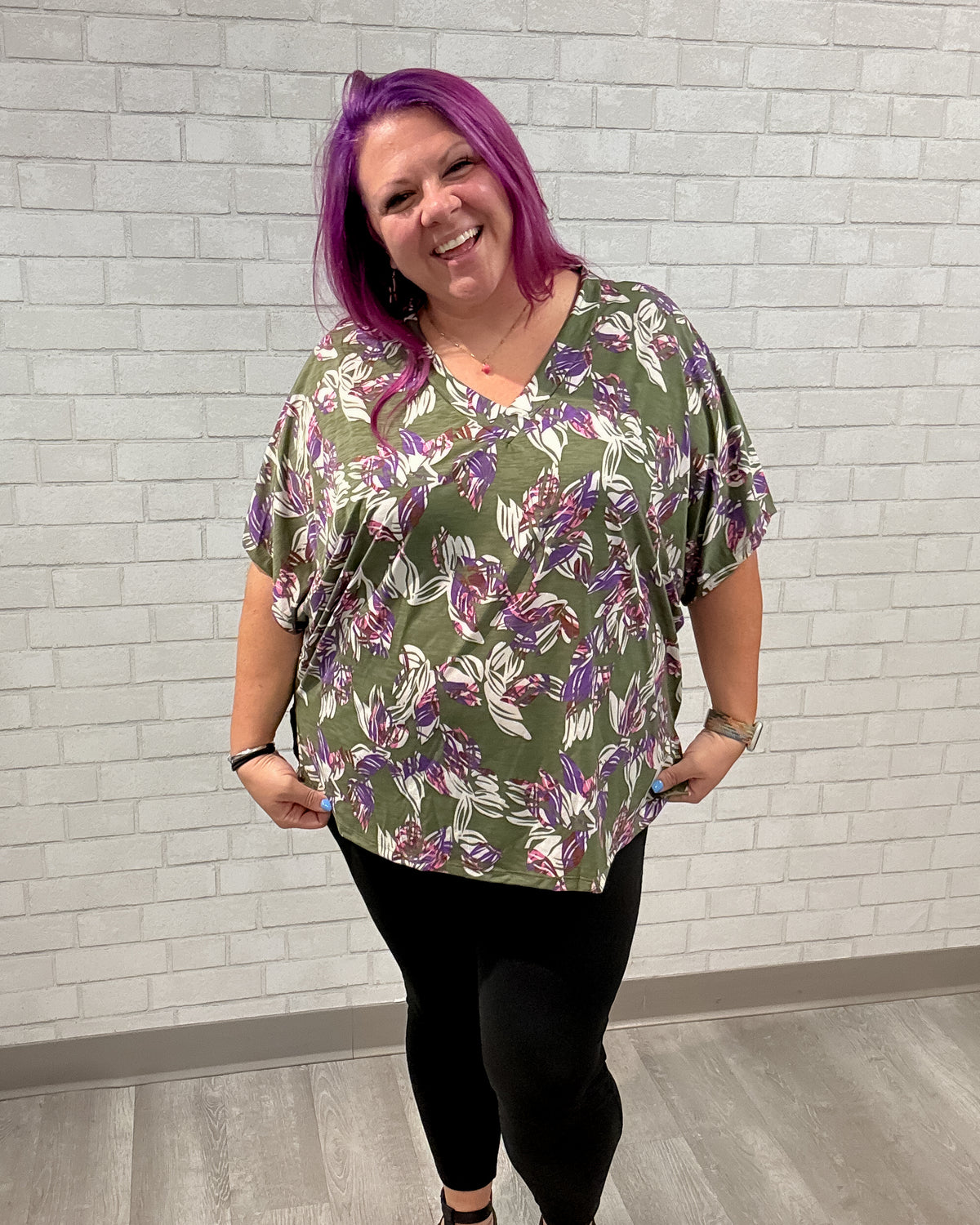 Short Sleeve Dolman Top | Olive Floral
