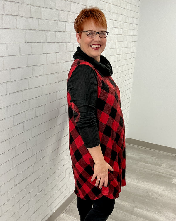 Buffalo Plaid Dress with Elbow Patches | Red & Black