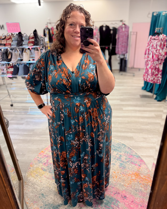 Vienna Kimono Sleeve Maxi Dress | Teal Blue Asters