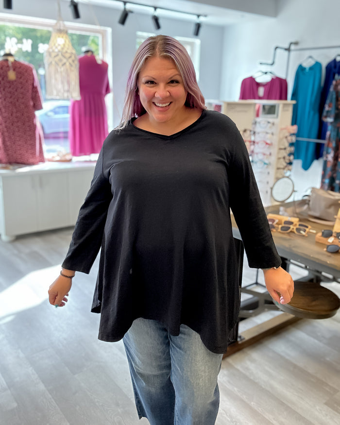 V-Neck A-Line Cotton Tunic | Black