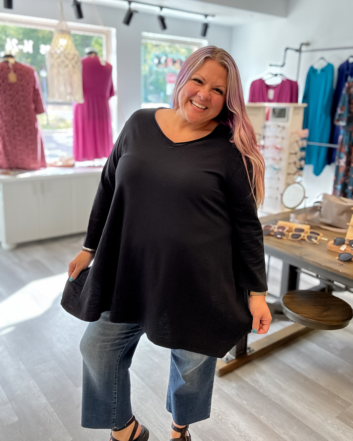 V-Neck A-Line Cotton Tunic | Black