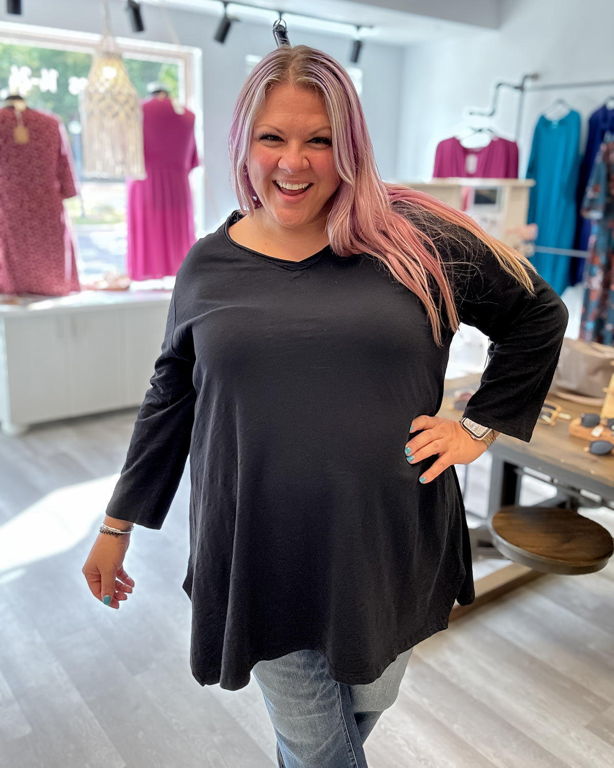 V-Neck A-Line Cotton Tunic | Black