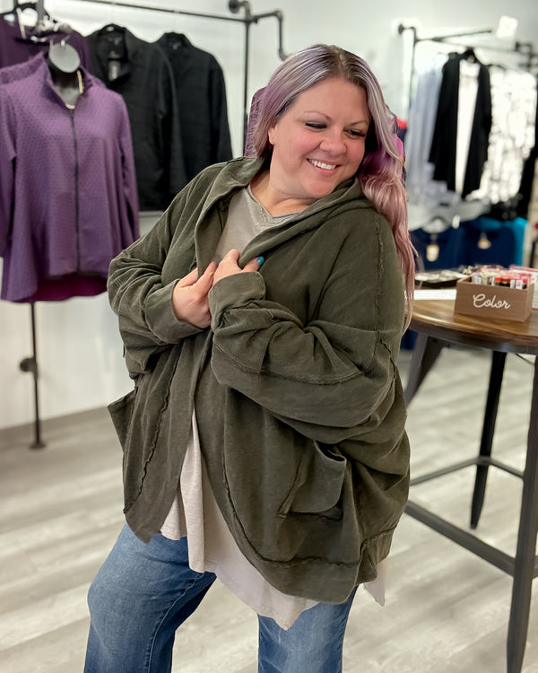 Mineral Wash Hooded Cocoon Cardigan | Olive