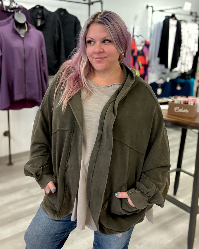 Mineral Wash Hooded Cocoon Cardigan | Olive