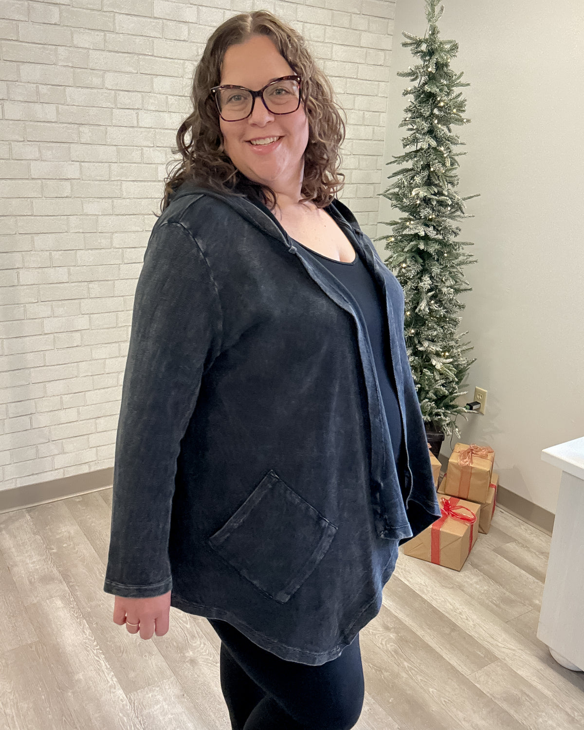 Cascading Thermal Hooded Cardigan | Black