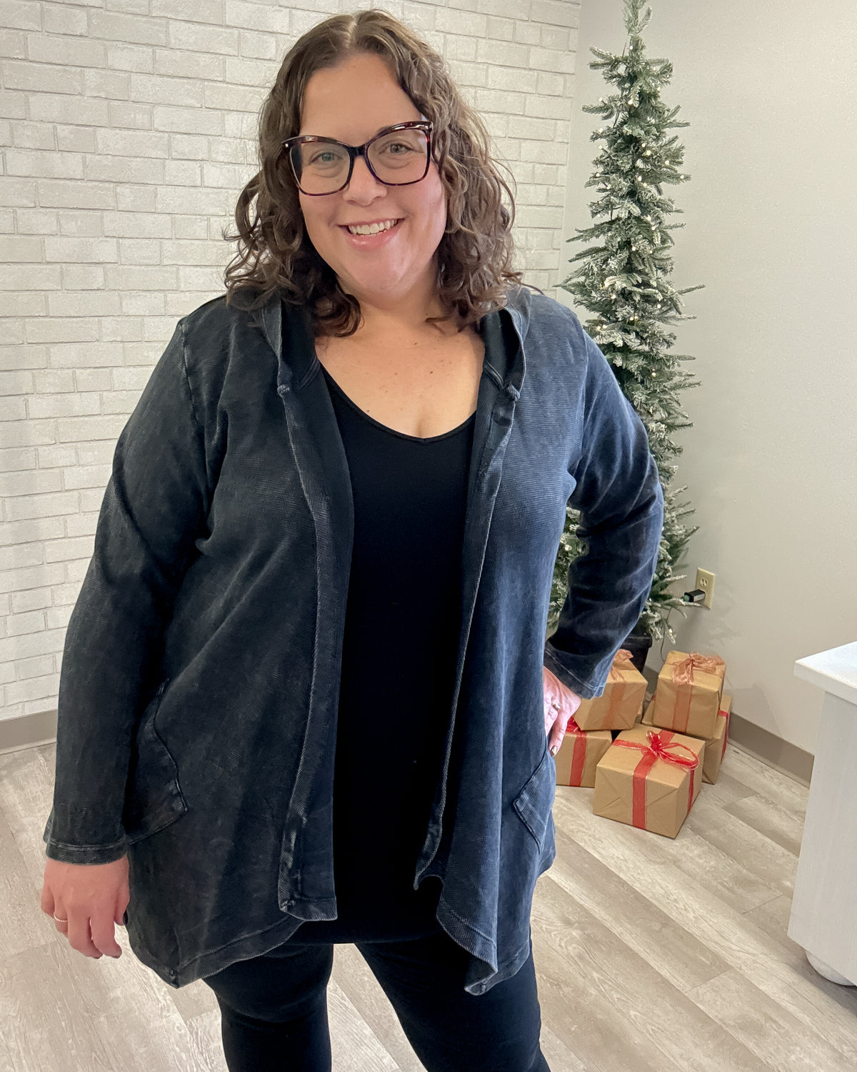 Cascading Thermal Hooded Cardigan | Black