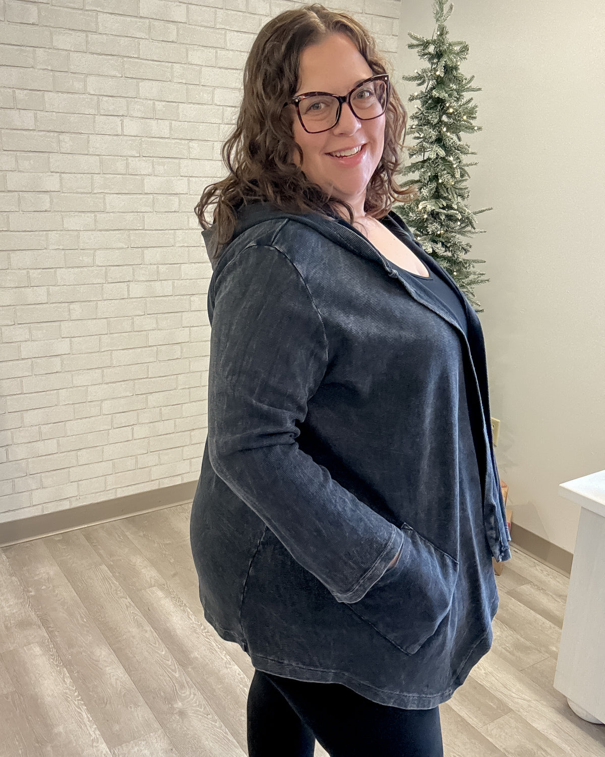 Cascading Thermal Hooded Cardigan | Black