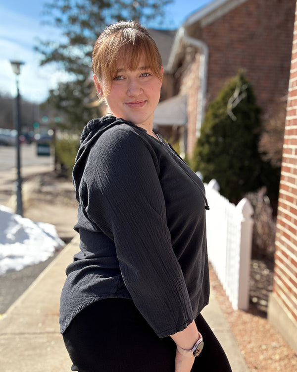 Hoodie Cotton Gauze Top | Coal