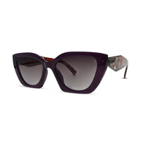 Sunglasses with dark purple frame and floral pattern on arms against a white background