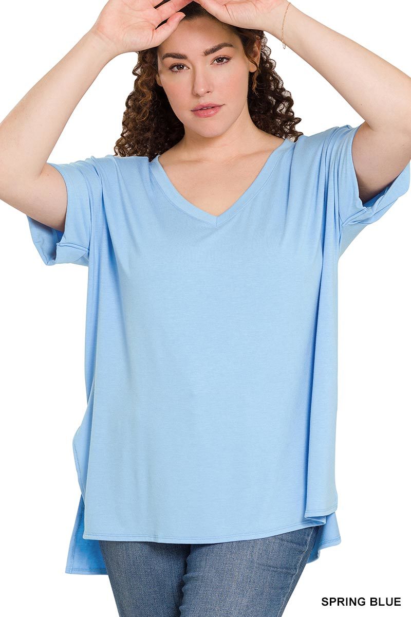 Rolled Sleeve V-Neck High-Low Hem Tee