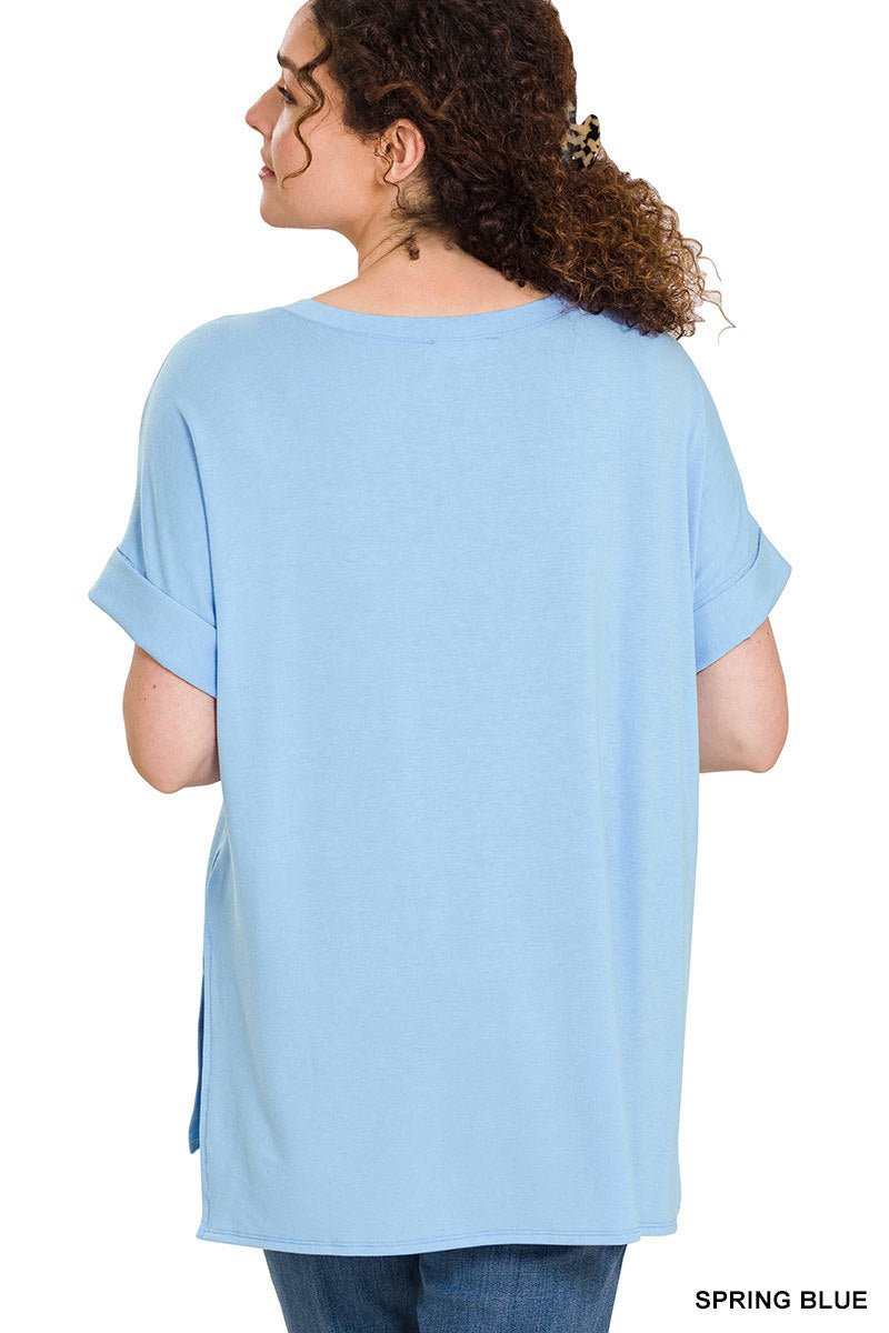 Rolled Sleeve V-Neck High-Low Hem Tee