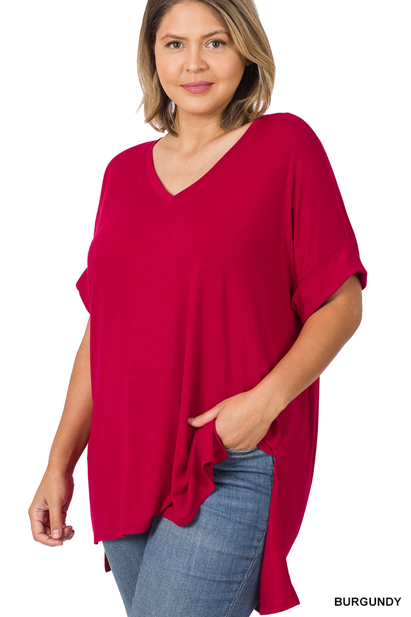 Rolled Sleeve V-Neck High-Low Hem Tee